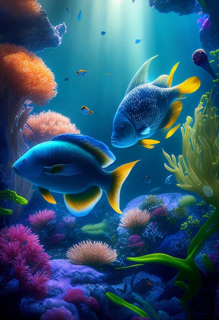 Colorful coral reef and fish Clean underwater world scene Created with Generative AI technology