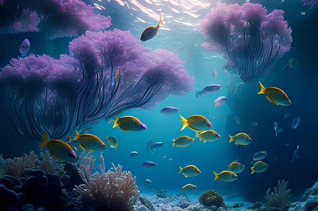 Colorful coral reef and fish Clean underwater world scene Created with Generative AI technology