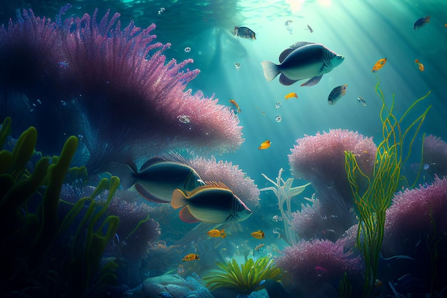 Colorful coral reef and fish Clean underwater world scene Created with Generative AI technology