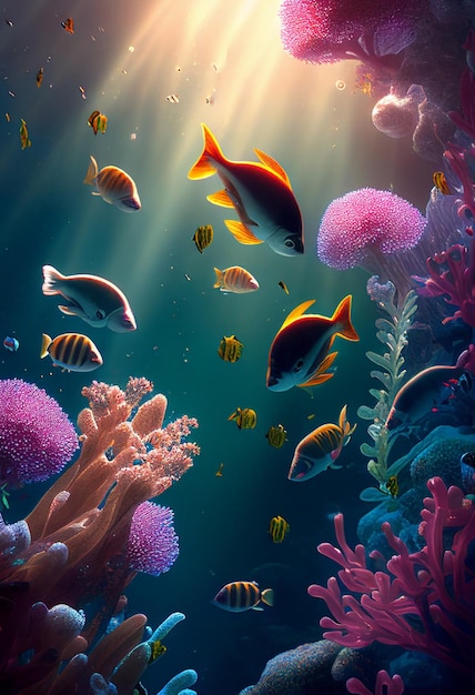 Colorful coral reef and fish Clean underwater world scene Created with Generative AI technology