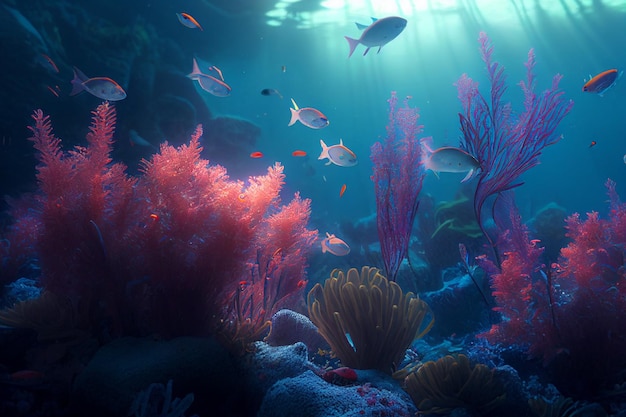 Colorful coral reef and fish Clean underwater world scene Created with Generative AI technology