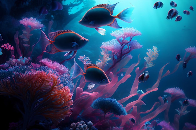 Colorful coral reef and fish Clean underwater world scene Created with Generative AI technology