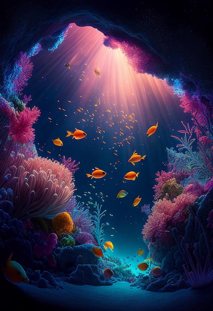 Colorful coral reef and fish Clean underwater world scene Created with Generative AI technology