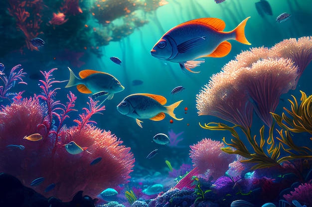 Colorful coral reef and fish Clean underwater world scene Created with Generative AI technology