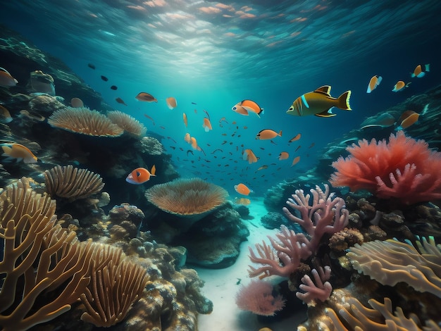 Colorful coral reef and fish underwater scenery background