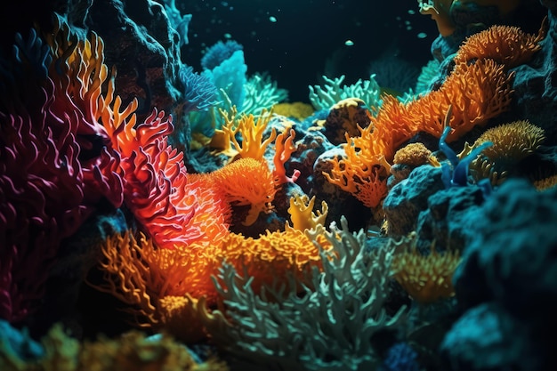 A colorful coral reef with a blue background