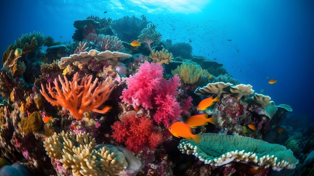 A colorful coral reef with a bright orange fish in the background.