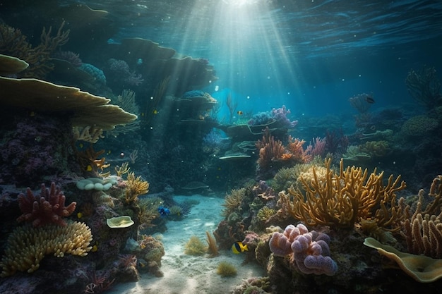 Colorful Coral Reef with Fish in Clear Blue Water Underwater Photography