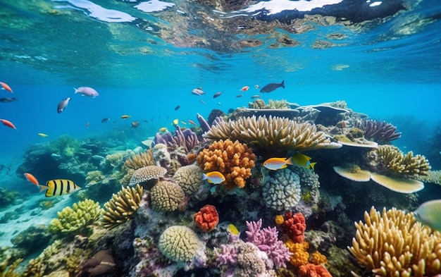 A colorful coral reef with a fish swimming in the background.