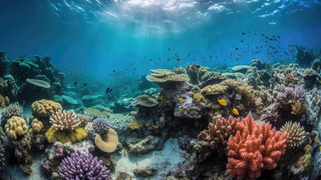 A colorful coral reef with a fish swimming in the ocean.