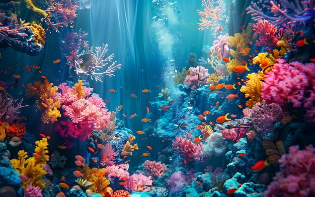 Colorful coral reef with fishes and corals