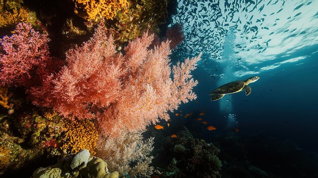 Colorful coral reef with a swimming sea turtle and a school of fish beneath crystal clear water in a tropical ocean setting