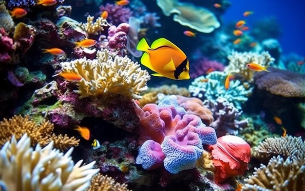 A colorful coral reef with a tropical fish swimming around it.