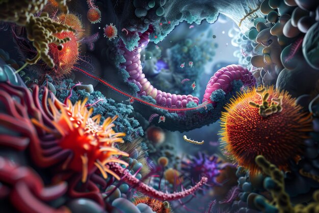 Colorful corals and spiky sea urchins create a lively underwater scene Artwork symbolizing the disruption of digestive processes caused by stomach ulcers