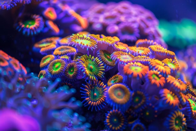 Colorful corals thriving in an aquarium with vibrant hues and varied shapes Glowing colors of a vibrant coral reef