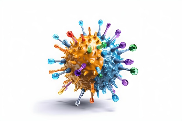 A colorful coronavirus model with different colored hands is on a white background