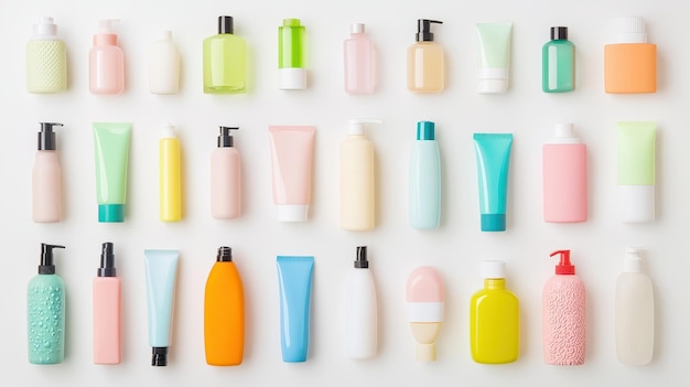 Photo colorful cosmetic bottles and tubes mockup on white background