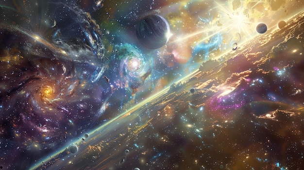 Colorful cosmic dance of celestial bodies backdrop