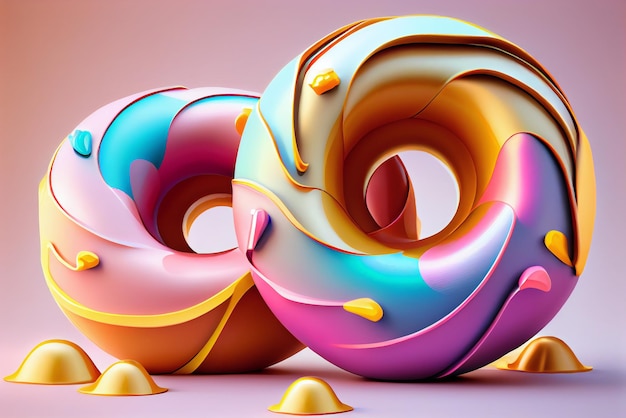 Colorful couple of doughnuts against a color background Minimal summer holiday style Funny tasty cake Ai generative