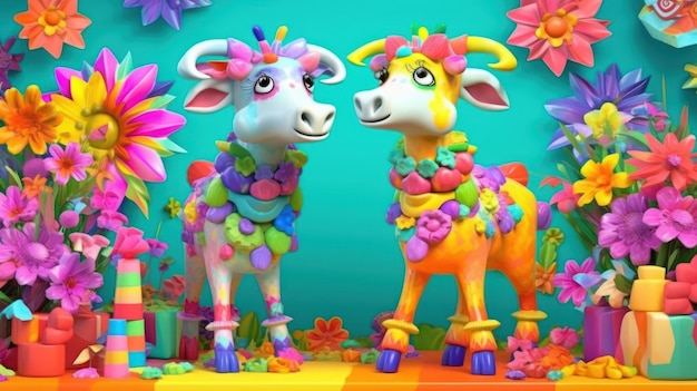 A colorful cow and a cow are standing next to each other.