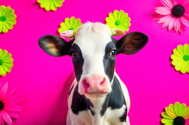 Photo colorful cow portrait with bright floral background