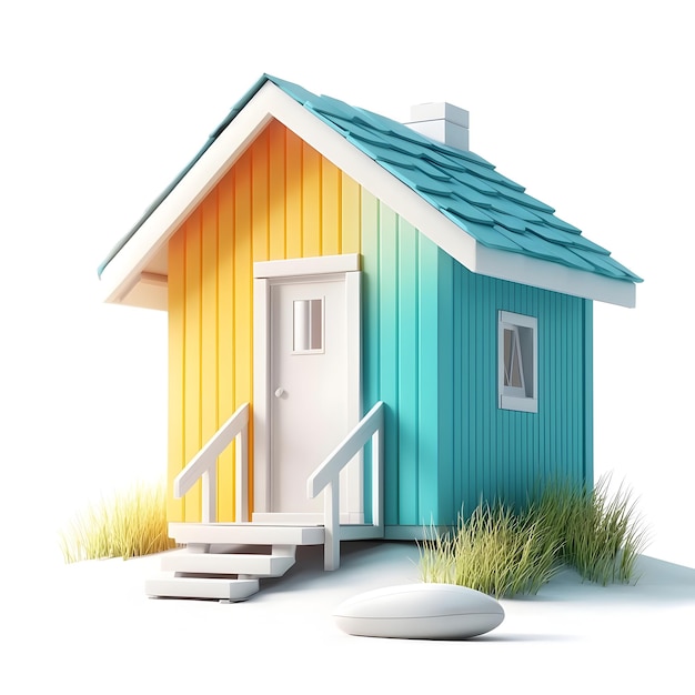 Colorful and Cozy Beach Hut with Detailed Roof and Steps on White Background