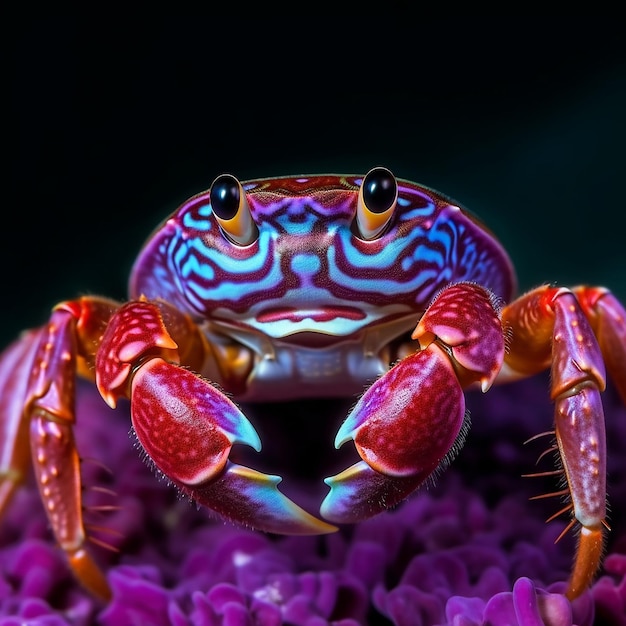 A colorful crab is sitting on a purple background.