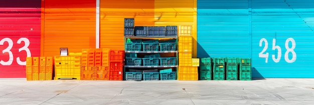 Colorful crates against rainbow warehouse wall Brightly colored plastic crates stacked against a multicolored warehouse wall numbered 33 and 28