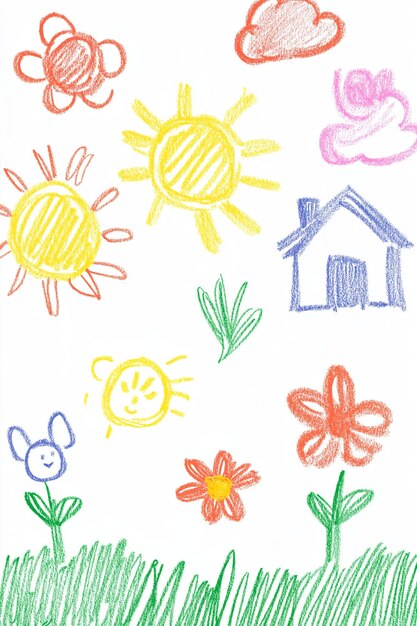 Photo colorful crayon drawing of flowers sun and house