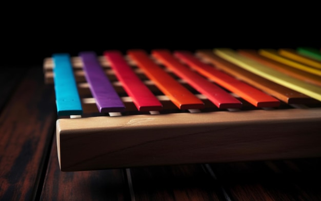 Photo a colorful crayon is displayed on a wooden surface.