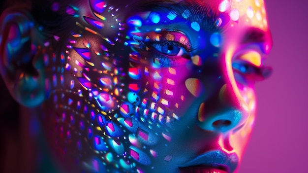 Colorful and creative portrait of a woman with a kaleidoscopic light effect on her face