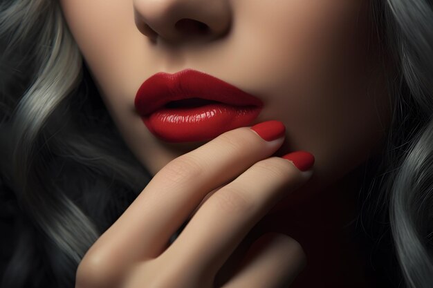 Colorful creative red lips and finger_eautiful a_girl_with_red_nails_looking_at_her