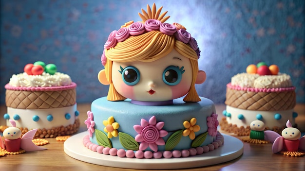 a colorful and creatively designed cake that resembles a cartoon girls face surrounded by other de