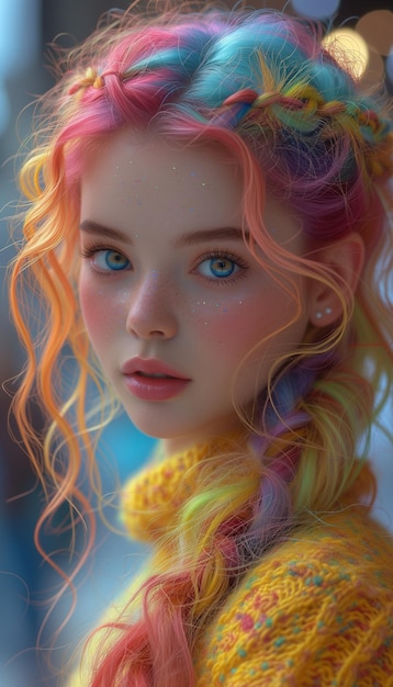 Colorful Creativity Dynamic Illustration of Character with Multicolored Hair