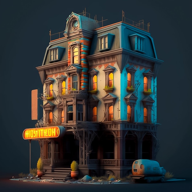 Colorful creepy old hotel AI Generated