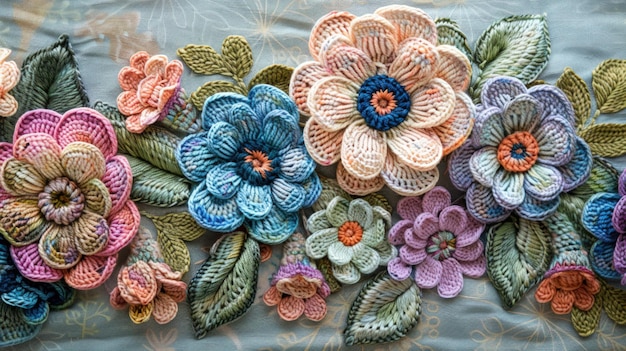 Photo colorful crocheted flowers arranged in a row on a blue background