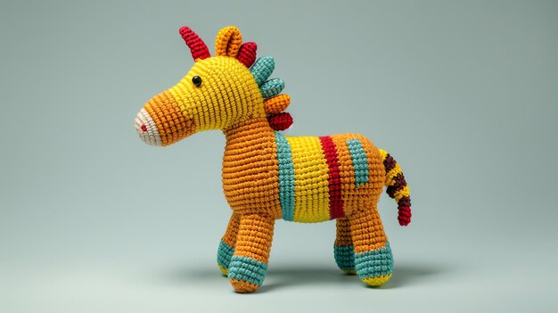 Photo a colorful crocheted unicorn toy standing on a light blue background