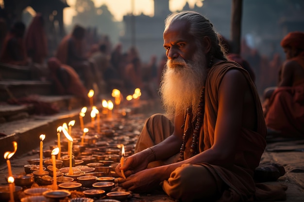 Colorful crowds and tents merge by the river in the spiritual kumble generative IA