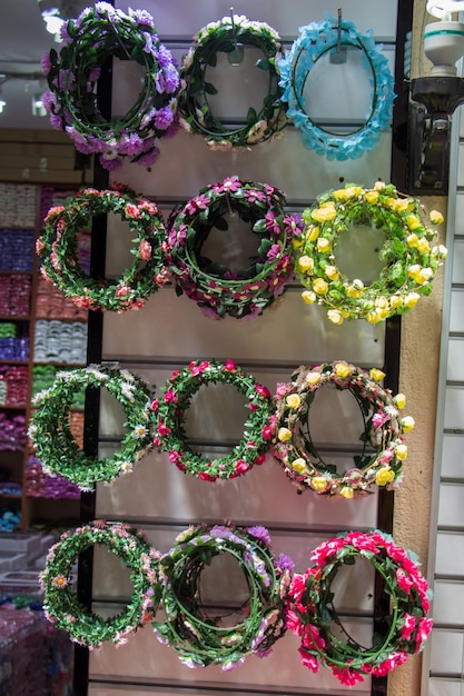 Colorful crowns made of fake flowers