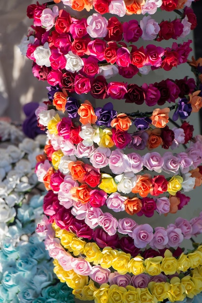 Colorful crowns made of fake flowers