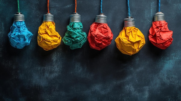 Photo colorful crumpled paper light bulbs hanging on strings against a dark background