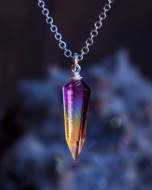 Colorful crystal pendant hanging on a silver chain