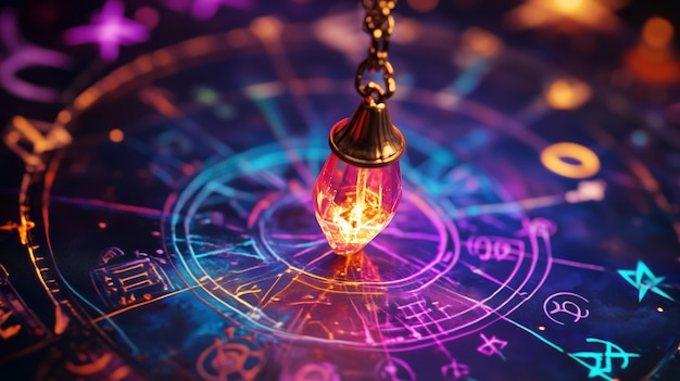 Photo a colorful crystal pendulum swings above a detailed astrological chart glowing in vibrant hues at night