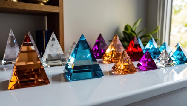 Colorful crystal pyramids on a shelf evoking elegance and serenity