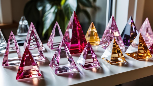 Colorful crystal pyramids on a shelf evoking elegance and serenity