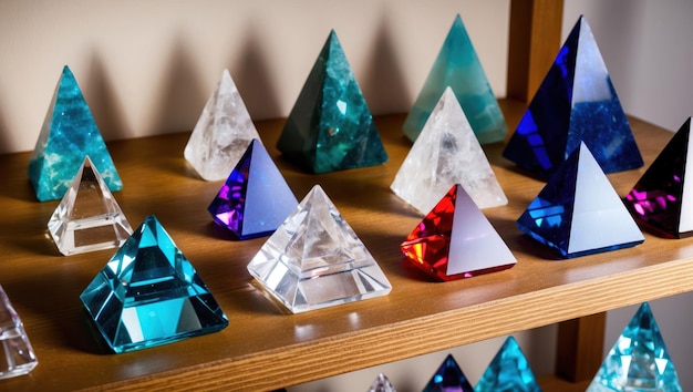 Colorful crystal pyramids on a shelf evoking elegance and serenity