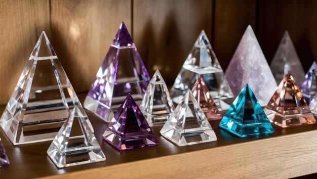 Colorful crystal pyramids on a shelf evoking elegance and serenity