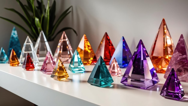 Colorful crystal pyramids on a shelf evoking elegance and serenity