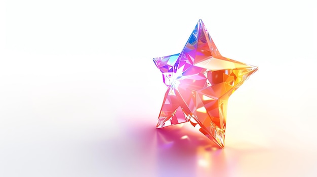 A colorful crystal star with reflective surfaces illuminating vibrant hues of orange blue and pink