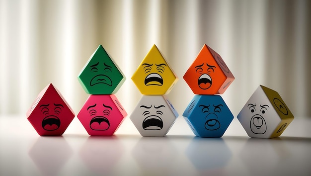 Photo colorful cubes with sad faces on white background